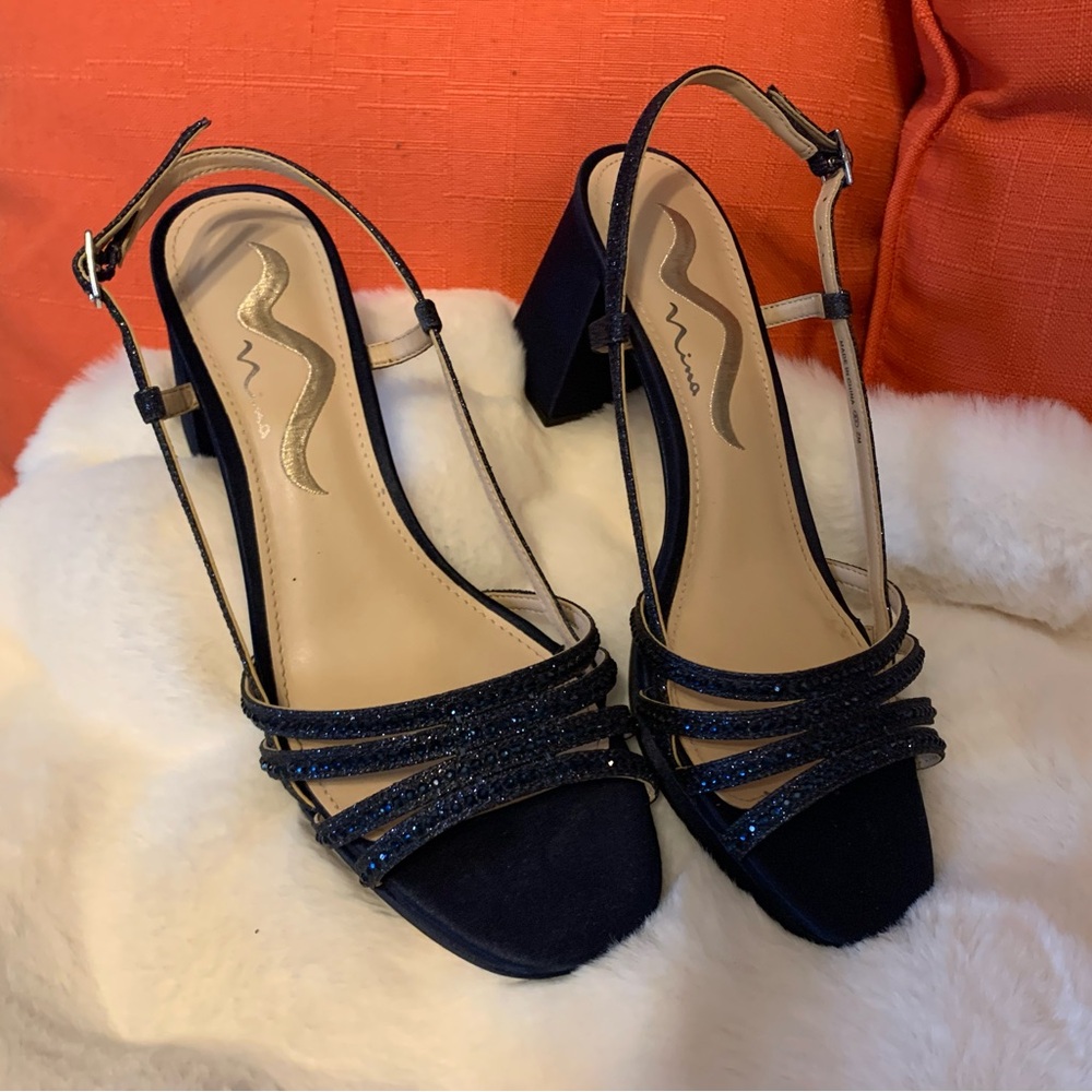Nina Navy Glitter Strappy Block Heel Sandals